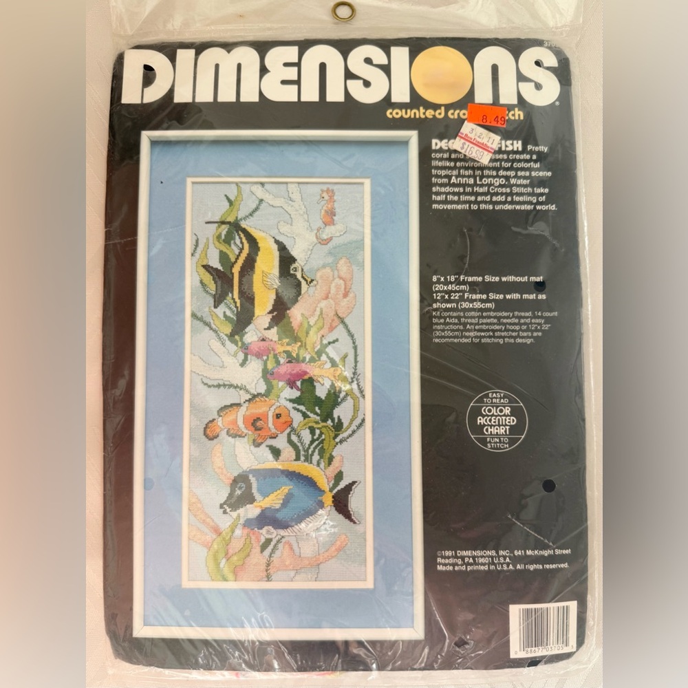 Tropical Fish Embroidery Art Kit - Blue and Multi-Color Dimensions New Vintage
